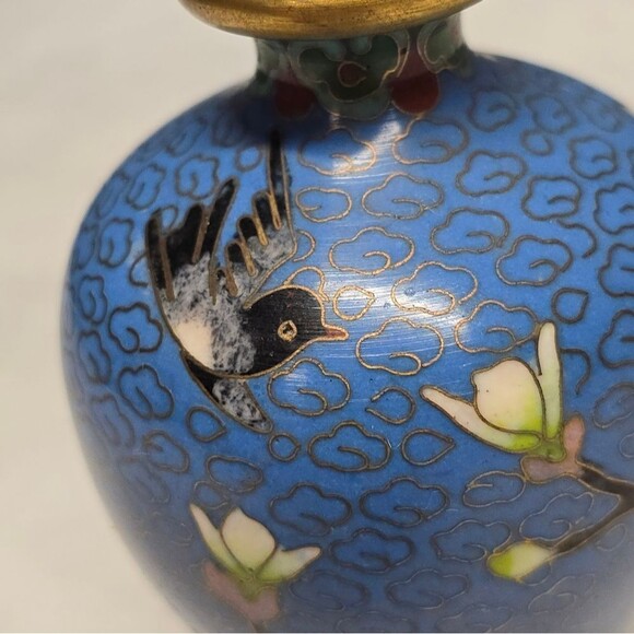 Cloisonne Cherry Blossom Flowers With Bird Blue Vintage Chinese Mini Vase - Picture 4 of 10
